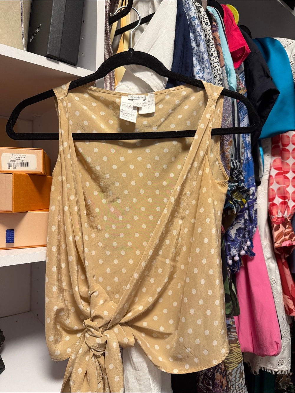MaxMara 100% silk Beige Polka Dot Tie-Wrap Sleeveless Blouse